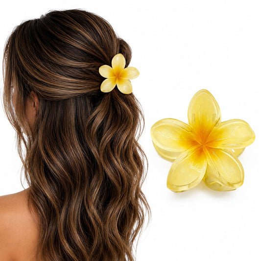 S.A.V.I Yellow Plumeria Resin Flower Hair Claw Clip for Women 8cm | Strong Grip, Lightweight, Thick & Thin Hair, Parties & Weddings, Holiday Accessory