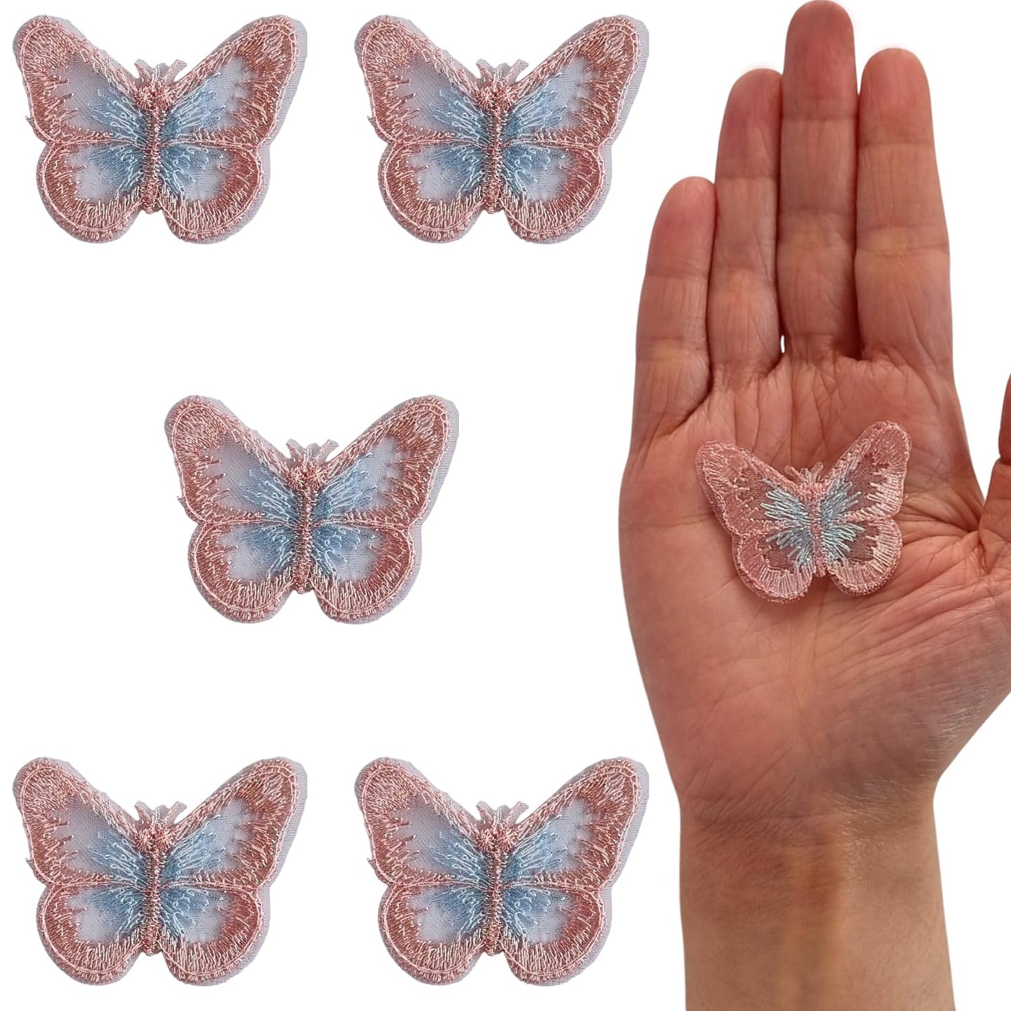 S.A.V.I 5PC 3D Blue Butterfly Applique Patch | Sew-On Mesh Lace Fabric Embroidery for DIY Dresses, Saree, Lehenga, Blouse, Gown, Bridal Wear  Craft | Decorative Sewing Patch (2x1.8 in) (Pink Blue)