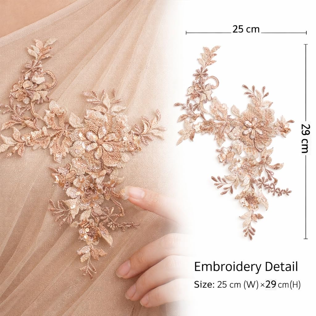 S.A.V.I Light Café Peach Floral Embroidered Applique Patch 29x25 cm, Net Fabric with 3D Sequin & Thread Work, Asymmetrical Sew-On Motif for Blouse Saree Lehenga Gowns (Light Coffee)