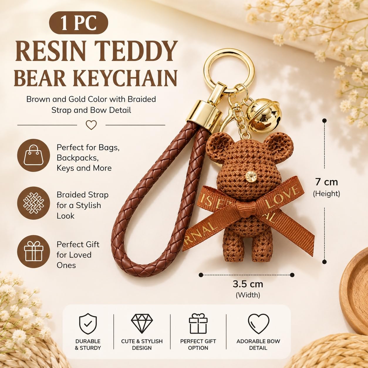 S.A.V.I Resin Teddy Bear Keychain with Braided Strap & Bell Charm | Brown, Gold-Tone, 7 cm Mini Pendant, Bow Detail, For Bags & Keys, For Women & Girls