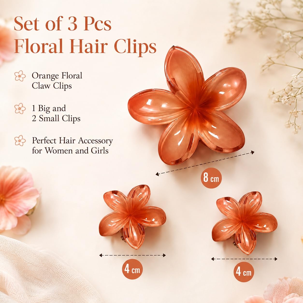 S.A.V.I Floral Hair Claw Clips Set of 3 for Women & Girls, Orange | 1 Large 8 cm & 2 Mini 4 cm, Acrylic Barrettes, Half Updos & Buns, Secure Grip, Daily Wear