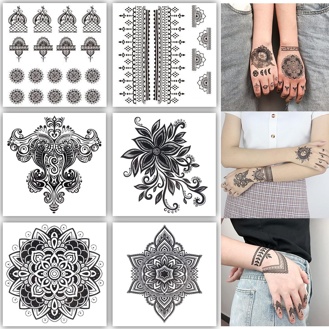 S.A.V.I 6 Sheet Black Heena Style Temporary Tattoo for Women & Girls | Waterproof Mehndi Body Art Stickers | Safe Non-Toxic | Indian Intricate Designs for Hands, Arms, Fingers (8x7.5 cm) (2)