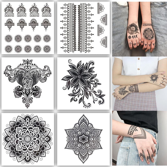 S.A.V.I 6 Sheet Black Heena Style Temporary Tattoo for Women & Girls | Waterproof Mehndi Body Art Stickers | Safe Non-Toxic | Indian Intricate Designs for Hands, Arms, Fingers (8x7.5 cm) (2)