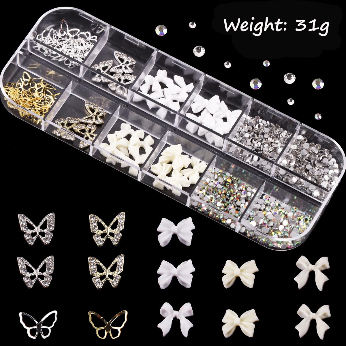 S.A.V.I 3D Nail Art Decoration Kit – 12 Section Box with White & AB Crystal Rhinestones, Bow Butterfly Designs, Flat-Back Glass Alloy Resin DIY Accessories, 31g