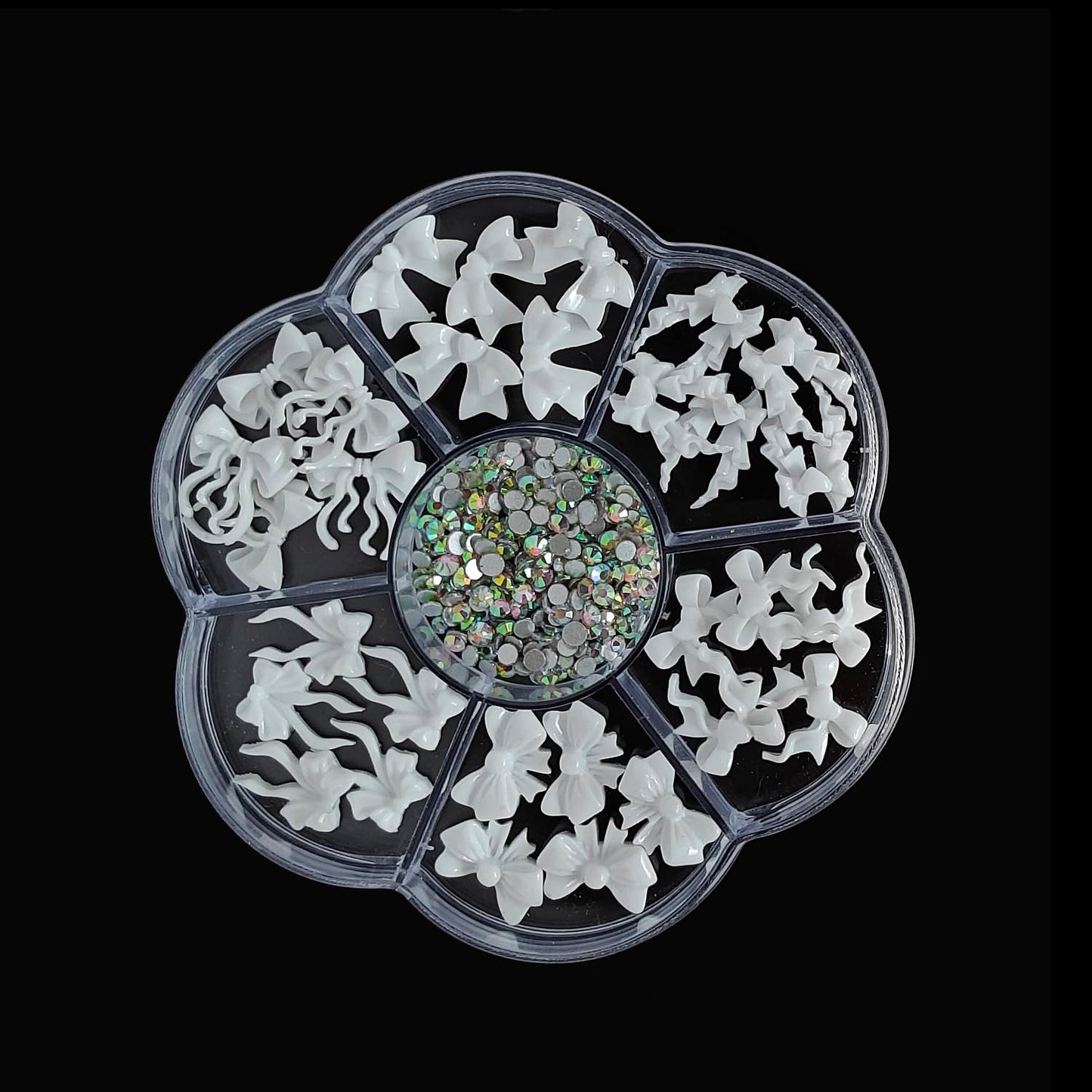 S.A.V.I 3D White Bow Knot Nail Art Charms with AB Rhinestones | Resin Nail Decorations Set | Round 7-Section Storage Box 8.3 cm | DIY Gel & Acrylic Nails (30 Pcs)