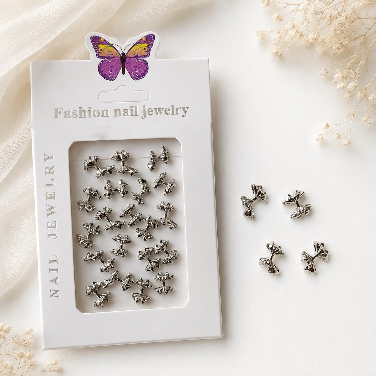 S.A.V.I Silver Alloy Bow Charms for DIY Nail Art, 20 Pcs | 3D Manicure Embellishments, Glossy Finish, Acrylic, Gel & Press-On, Easy to Apply, Women & Girls