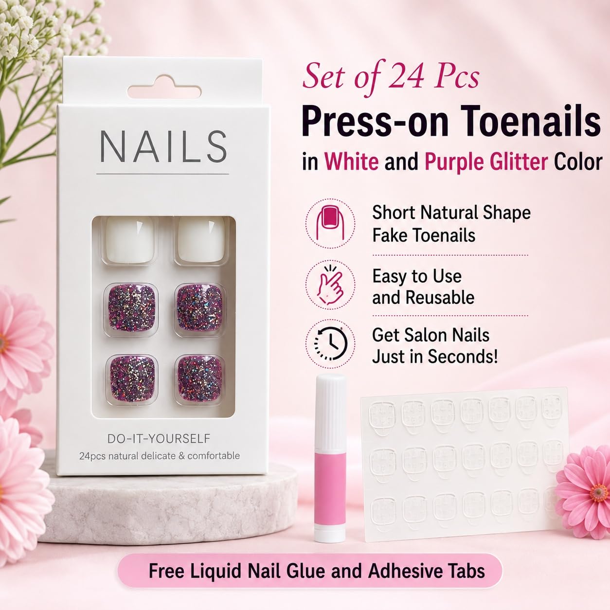 S.A.V.I Press on Toenails 24 Pcs Purple Glitter White Square Tips