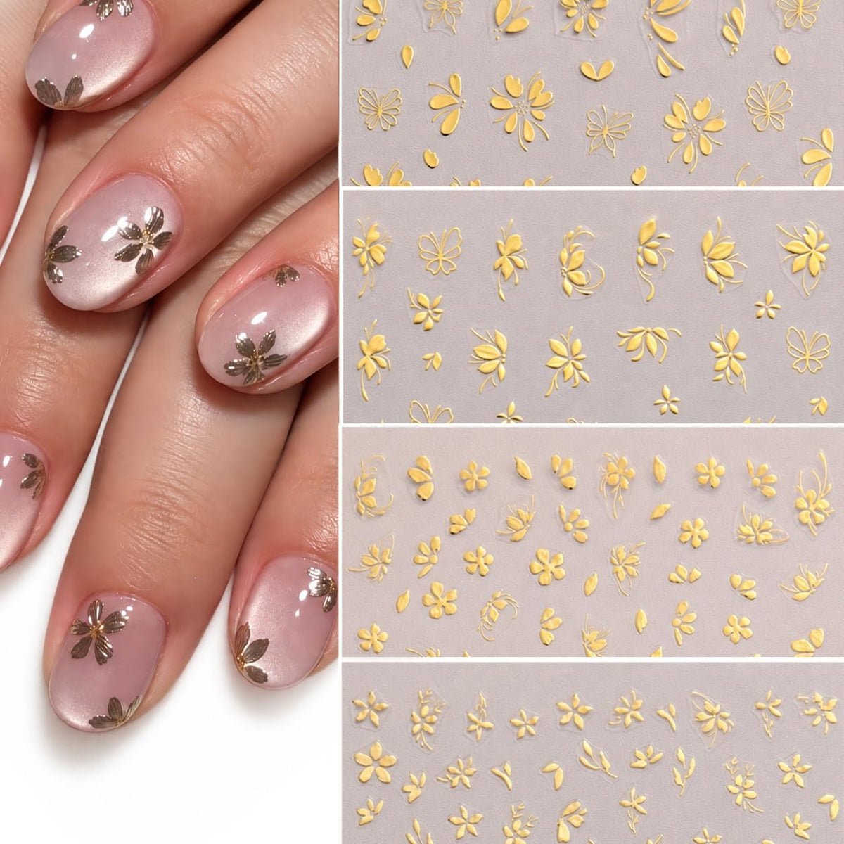 S.A.V.I 3D Floral Nail Art Stickers Metallic Gold, Set of 4 | Self Adhesive Decals, Raised Flower Designs, 8 x 10 cm Each, Easy Application, Home Salon Use