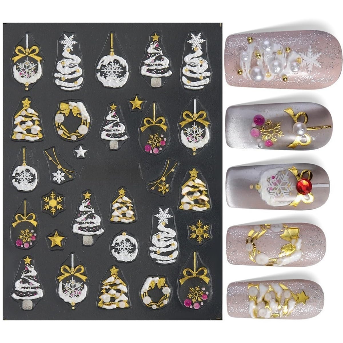 S.A.V.I 2 Sheets - 3D Christmas Nail Art Stickers Self-Adhesive Resin Decals in Gold White Red Green, Snowman Tree Bauble Designs, Festive DIY Manicure Decor for Women