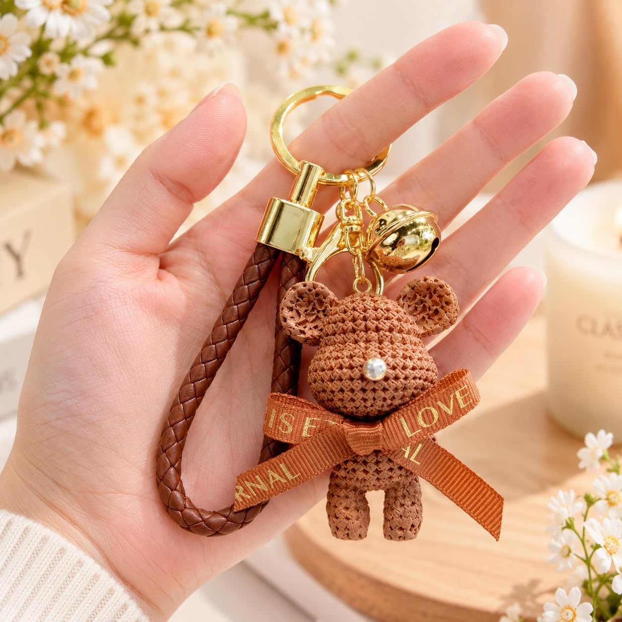 S.A.V.I Resin Teddy Bear Keychain with Braided Strap & Bell Charm | Brown, Gold-Tone, 7 cm Mini Pendant, Bow Detail, For Bags & Keys, For Women & Girls