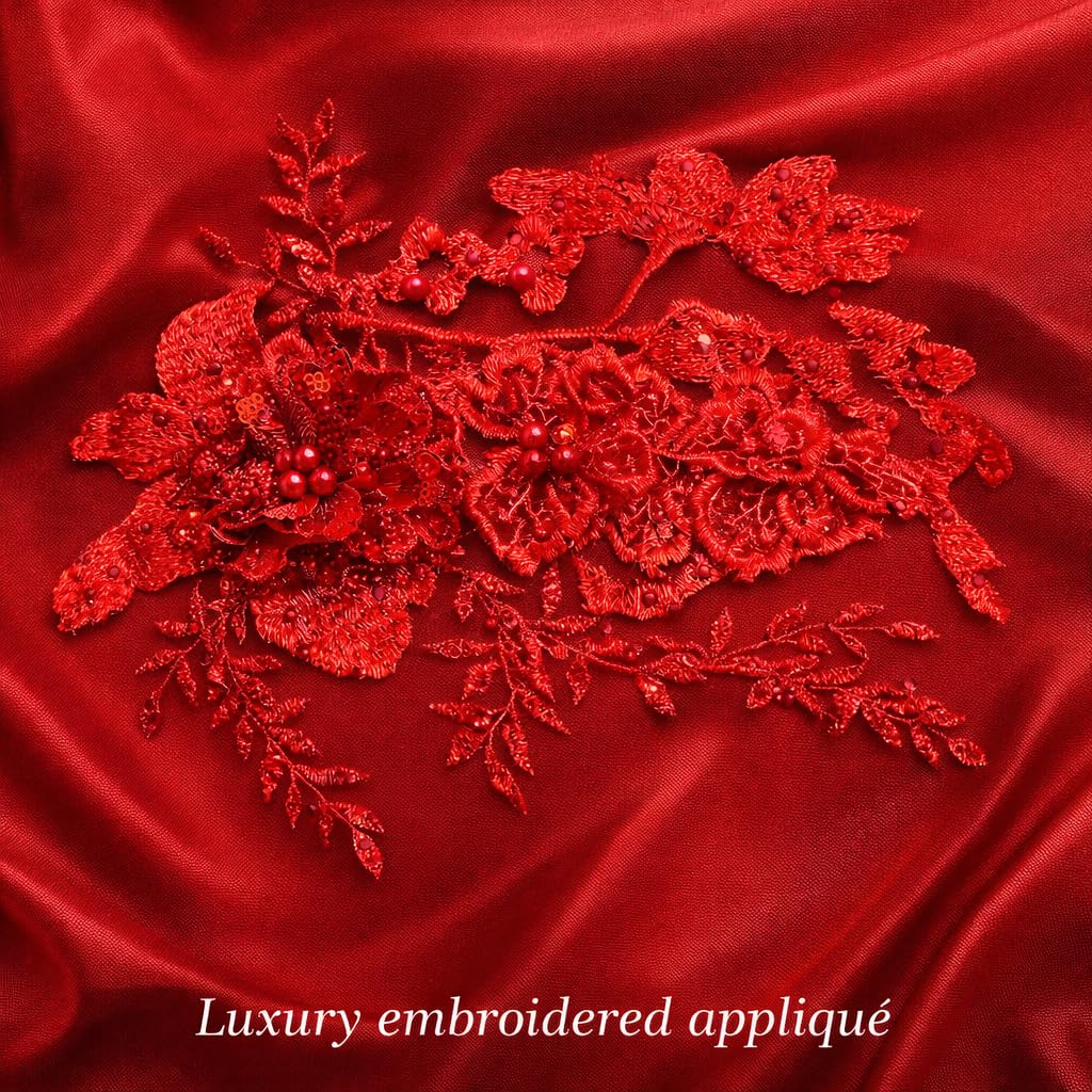 S.A.V.I Red 3D Floral Embroidered Appliqué Patch 20x25 cm | Handmade Net Thread Sew-On Lace Motif for Saree, Lehenga, Gown & Blouse Design (Red)