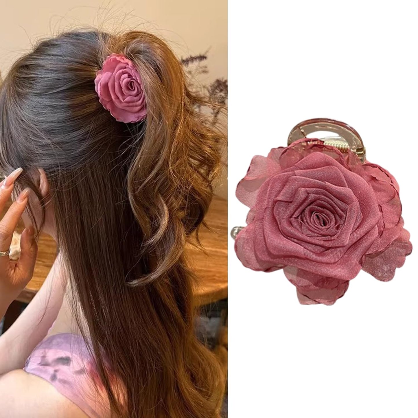S.A.V.I Dark Pink Rose Hair Claw Clip for Women & Girls, 5 cm Small Floral Hair Clutch, Chiffon Fabric Flower Design, Stylish Hair Accessory for Daily, Party & Ethnic Look