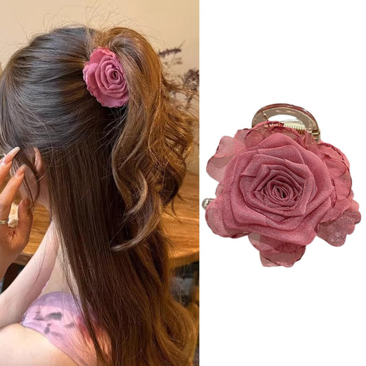 S.A.V.I Dark Pink Rose Hair Claw Clip for Women & Girls, 5 cm Small Floral Hair Clutch, Chiffon Fabric Flower Design, Stylish Hair Accessory for Daily, Party & Ethnic Look