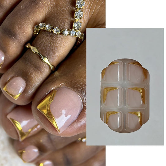 S.A.V.I Long Almond Press On Nails for Women, Nude Pink with Gold Chrome & Pearl 3D Design, Glossy Reusable Artificial Set, Pack of 24 with Nail Glue & Adhesive Tabs