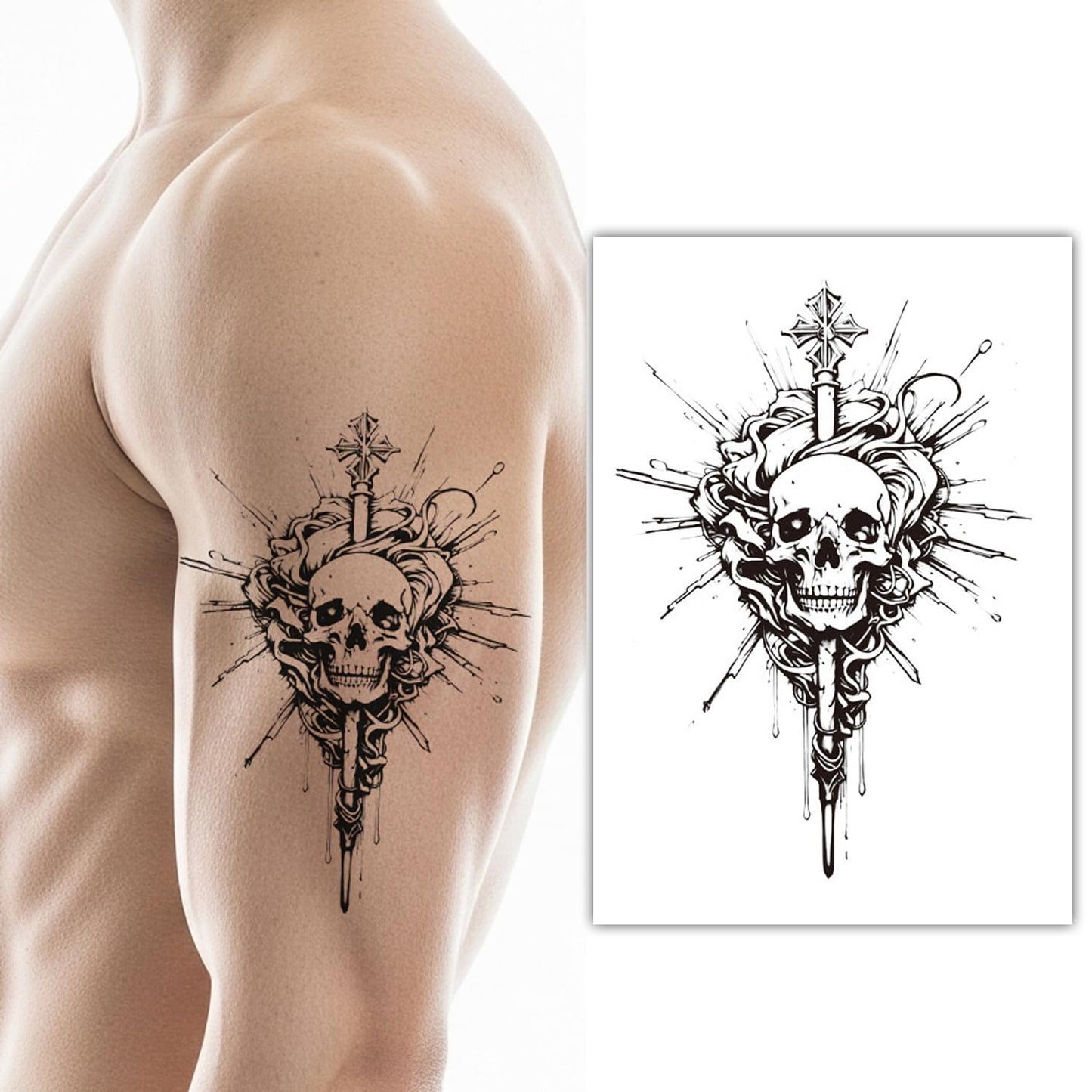 S.A.V.I Black Skull Cross Temporary Tattoo for Men & Women, 21 x 11 cm Waterproof Arm Shoulder Body Sticker, Safe Non-Toxic Gothic Design for Parties, Festivals & Cosplay