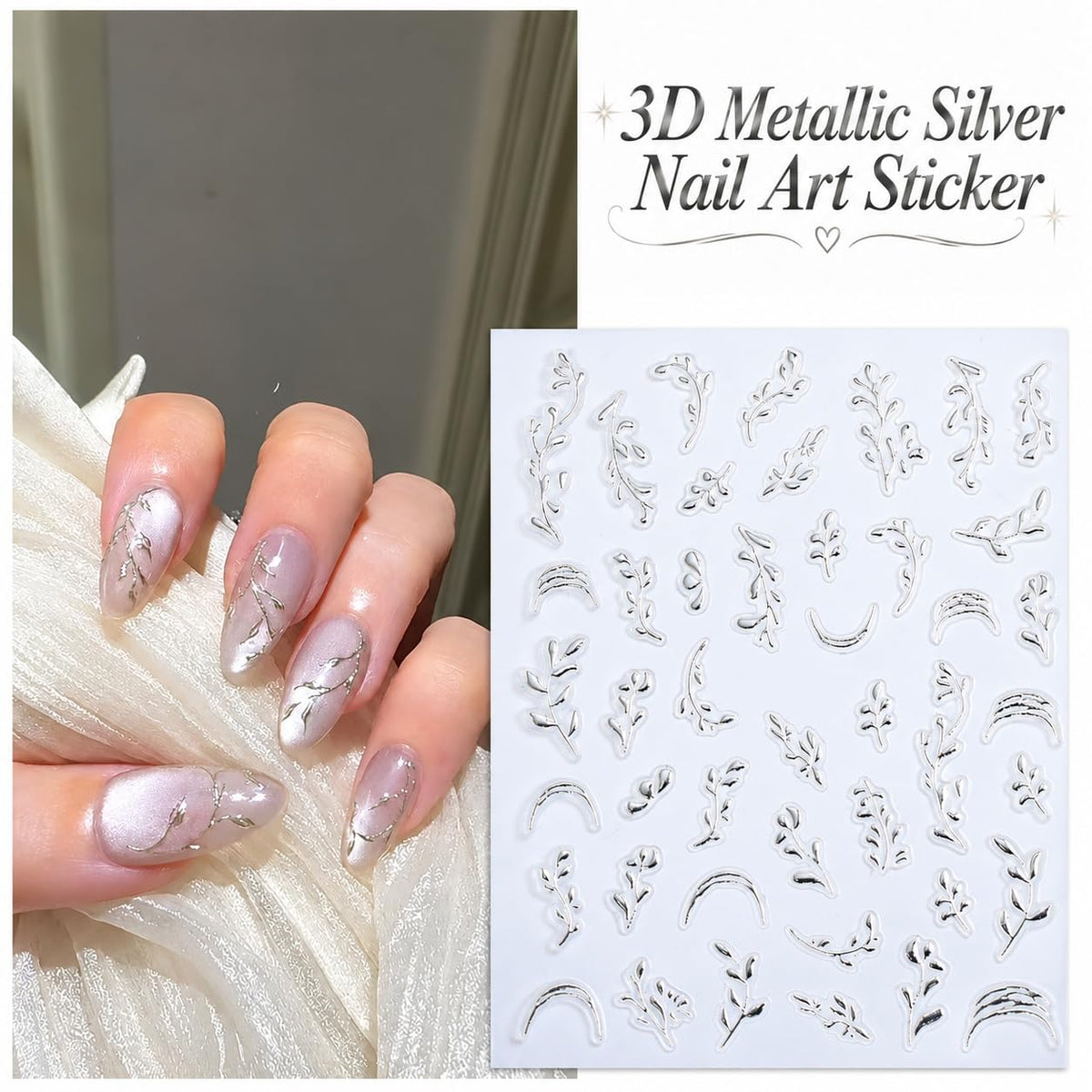 S.A.V.I 3D Nail Art Stickers Floral Leaf Design Gold & Silver | Self Adhesive, Metallic Botanical Decals, DIY Manicure, 7 x 9 cm Sheets, Set of 2