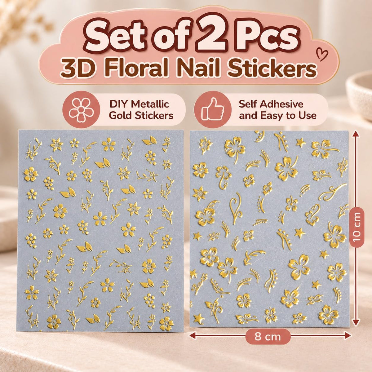 S.A.V.I 3D Floral Nail Art Stickers Metallic Gold Self Adhesive | 2 Sheets, 8 x 10 cm Each, Raised Flower & Leaf Designs, Easy Peel and Apply, for Women & Girls