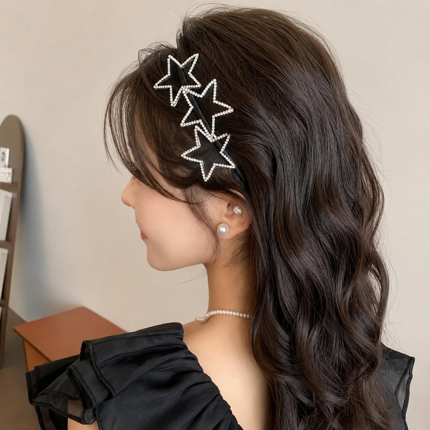 S.A.V.I Rhinestone Star Headband for Women & Girls, Black, Hollow-Out Crystal Design, Fabric Wrapped Band, 14 x 13 cm, Comfortable Fit for Party, Casual & Formal Wear
