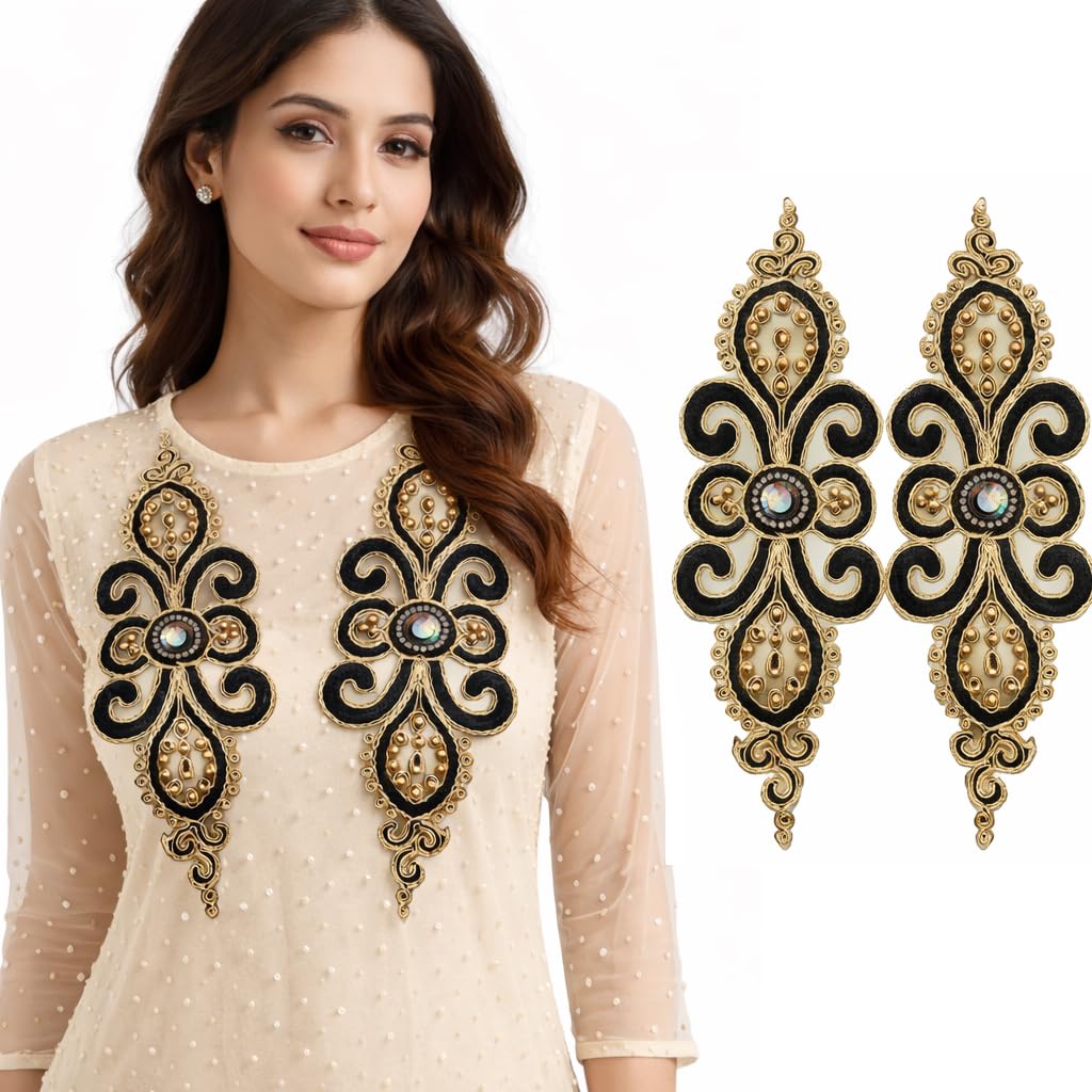 S.A.V.I Pair of Black & Gold Embroidered Sew-On Applique 35 x 11 cm | Handcrafted Zardozi Look Floral Motif with Beads & Stones | Designer Neckline Patch for Kurtis, Gowns & Dresses (Black-Gold)