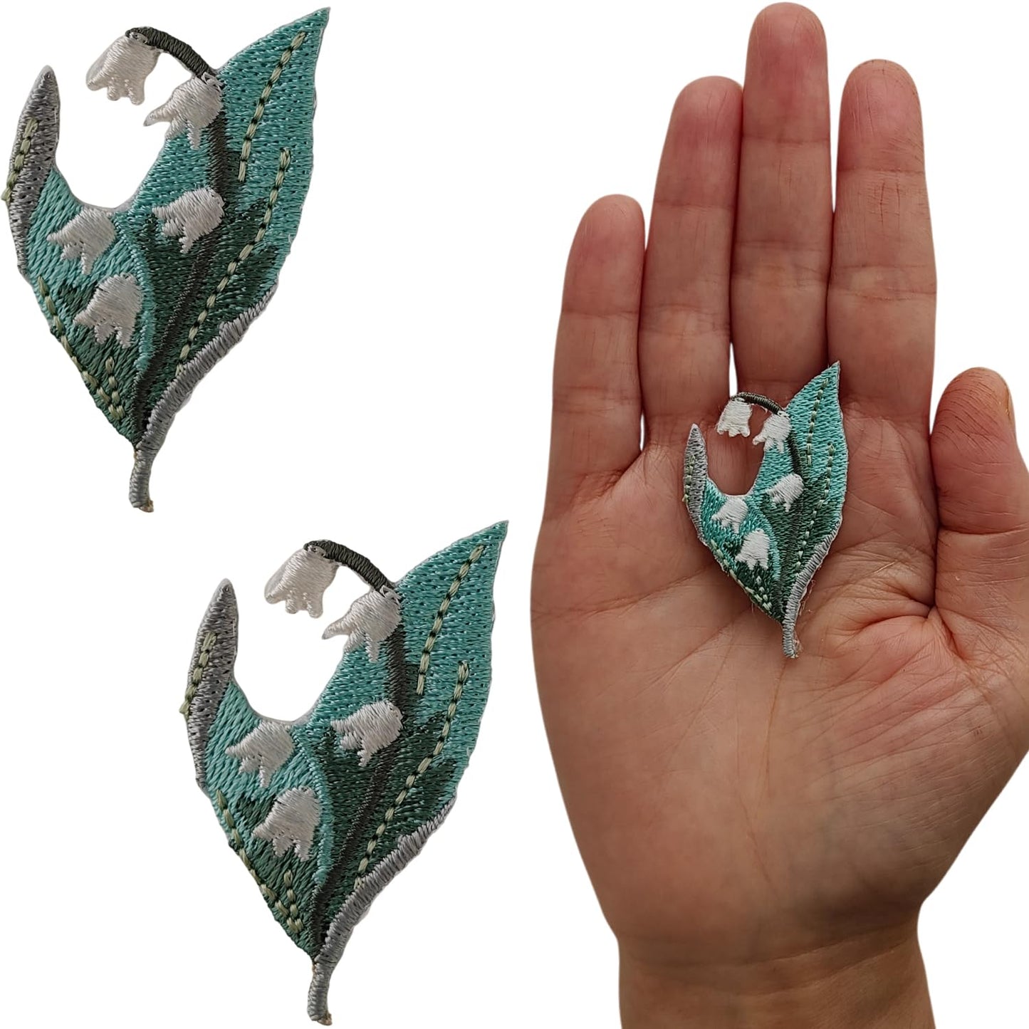 S.A.V.I 2 Pcs Green Floral Embroidered Iron-On Patch, Leaf & Flower Design 2.8 x 4.5 cm Fabric Appliqué for Clothes, Bags, Jackets & DIY Craft Decoration