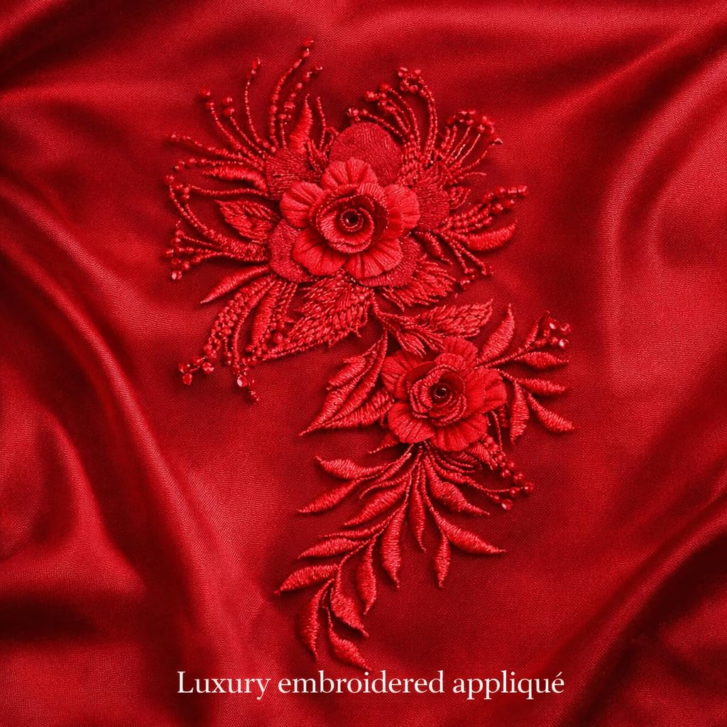 S.A.V.I Red Floral Embroidered Appliqué Sew On Patch, 3D Rose Design on Mesh Fabric, 12 x 21.5 cm Decorative Craft & Garment Embellishment for Dress, Kurti, Blouse
