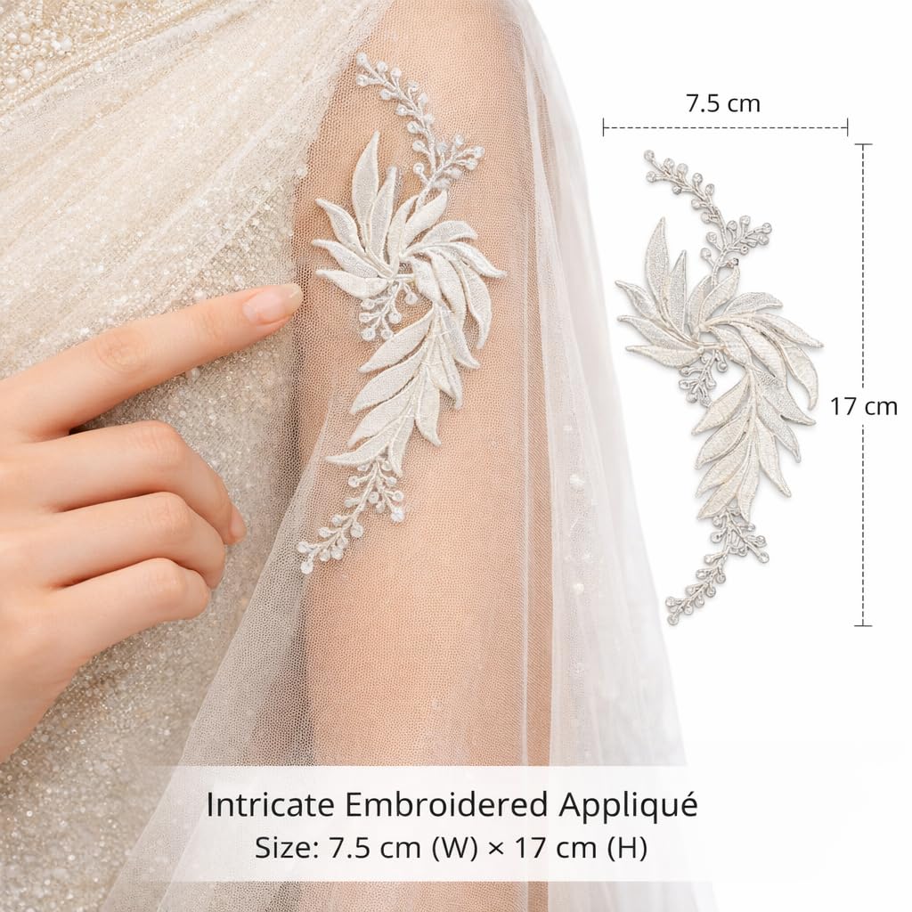 S.A.V.I White & Silver Floral Iron-On Embroidered Appliqué Patch 7.5 x 17 cm | Leaf Motif Threadwork Design for Dresses, Sarees, Blouses & DIY Fabric Craft (Right, White, 7.5 x 17 cm)