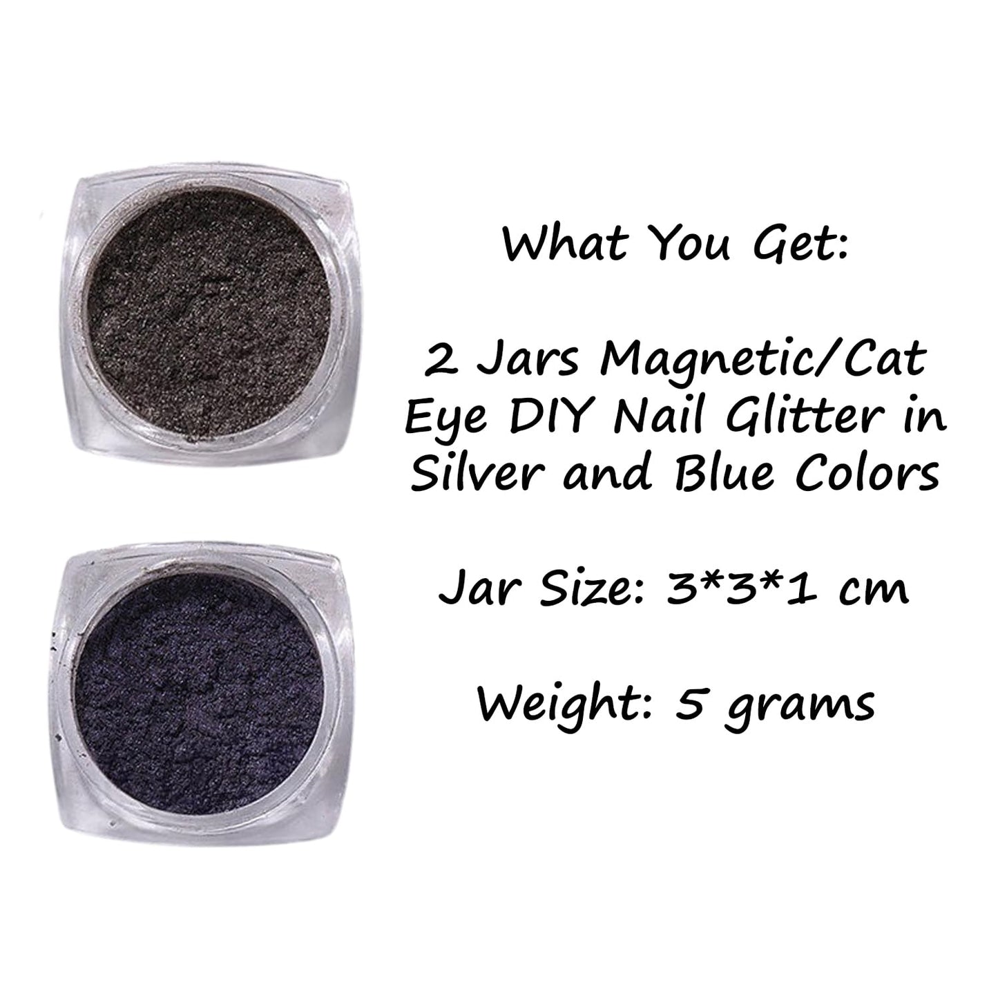 S.A.V.I Cat Eye Magnetic Nail Glitter Powder Silver & Blue 5g x2 | 2 Jars, DIY Nail Art Pigment, Shimmer Finish, Gel Polish Use, Mix 1:1 Ratio