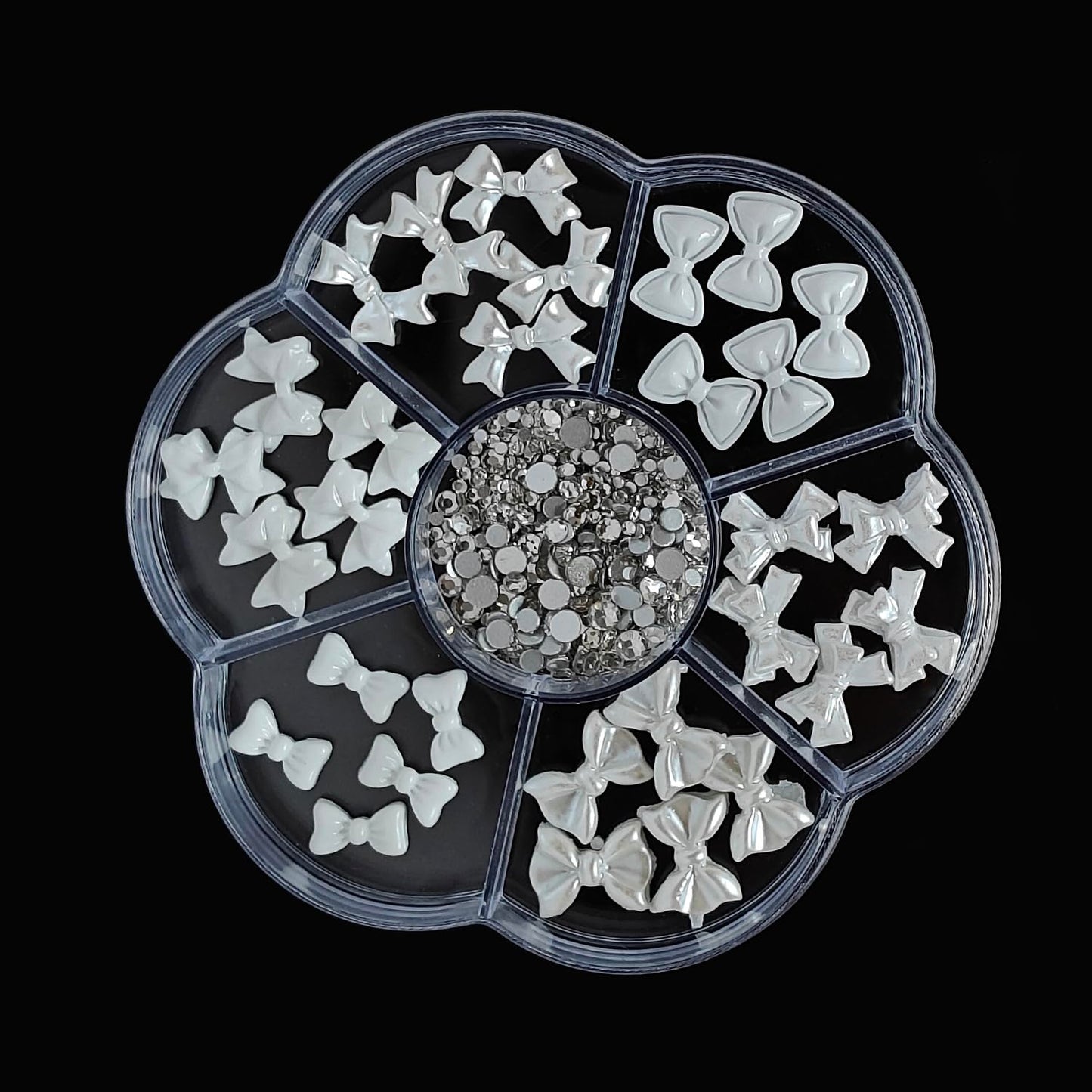 S.A.V.I 3D White Bowknot Nail Art Charms Set (30 Pcs) – Pearl Finish Resin Bows & Flat-Back Rhinestones, Mixed Sizes, Round 7-Section Storage Box for DIY Acrylic & Gel Nails