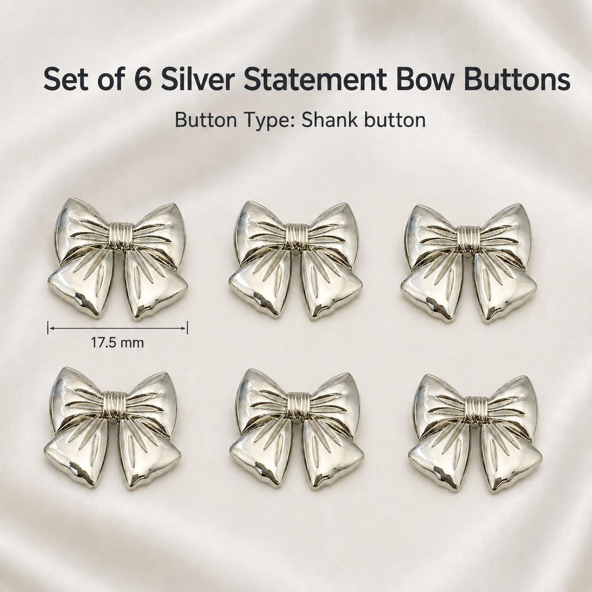 S.A.V.I Silver Bow Shank Buttons for Sewing & Crafts 17.5MM | Set of 6, Metallic Fasteners, For Blouses & Dresses, DIY Embellishment, Garment Decoration