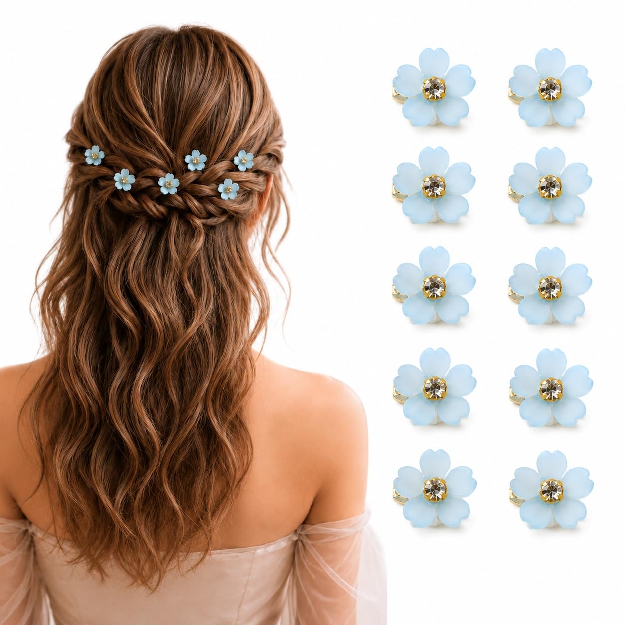 S.A.V.I Blue Floral Mini Hair Clips 1.5 cm Resin Daisy Barrettes | Set of 10, Strong Hold, Lightweight, Women & Girls, Weddings & Parties