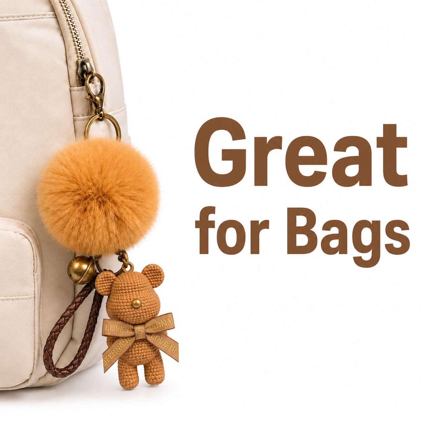S.A.V.I Teddy Bear Pom Pom Keychain for Women, Faux Fur Bag Charm, Brown, Light Brown | 13.5 cm | Soft Fluffy Plush, Braided Strap, Bell Charm, Secure Clasp, Handbag & Backpack Accessory