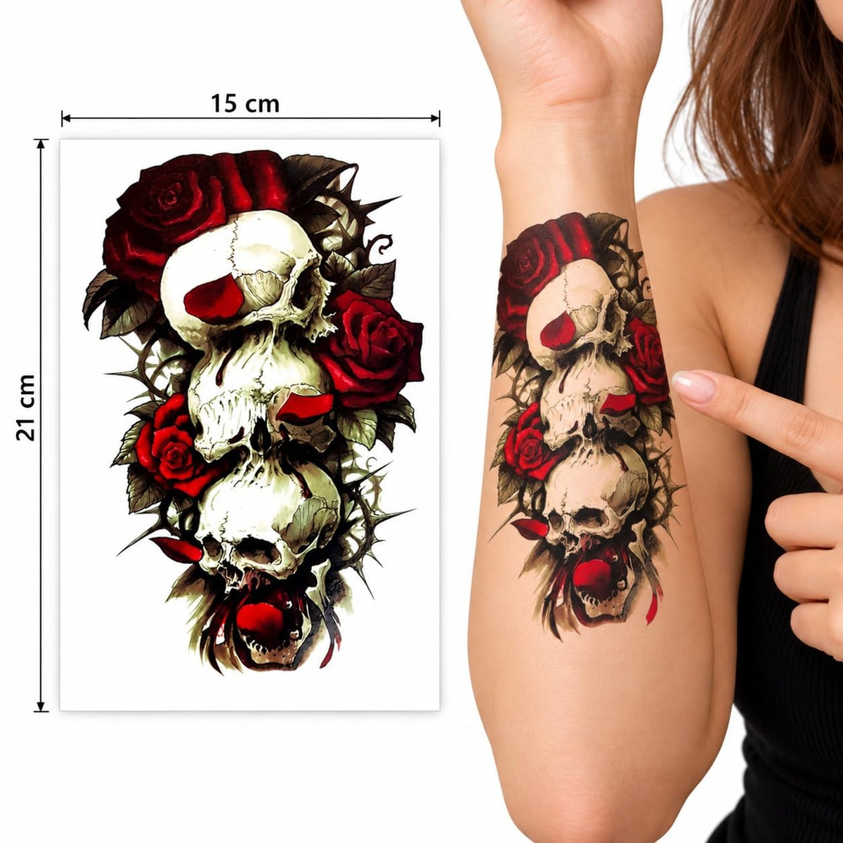 S.A.V.I Temporary Tattoo Stickers Skull Rose, 3 Sheets, 15x21 cm