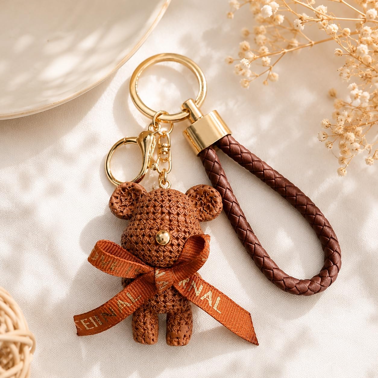 S.A.V.I Resin Teddy Bear Keychain with Braided Strap & Bell Charm | Brown, Gold-Tone, 7 cm Mini Pendant, Bow Detail, For Bags & Keys, For Women & Girls