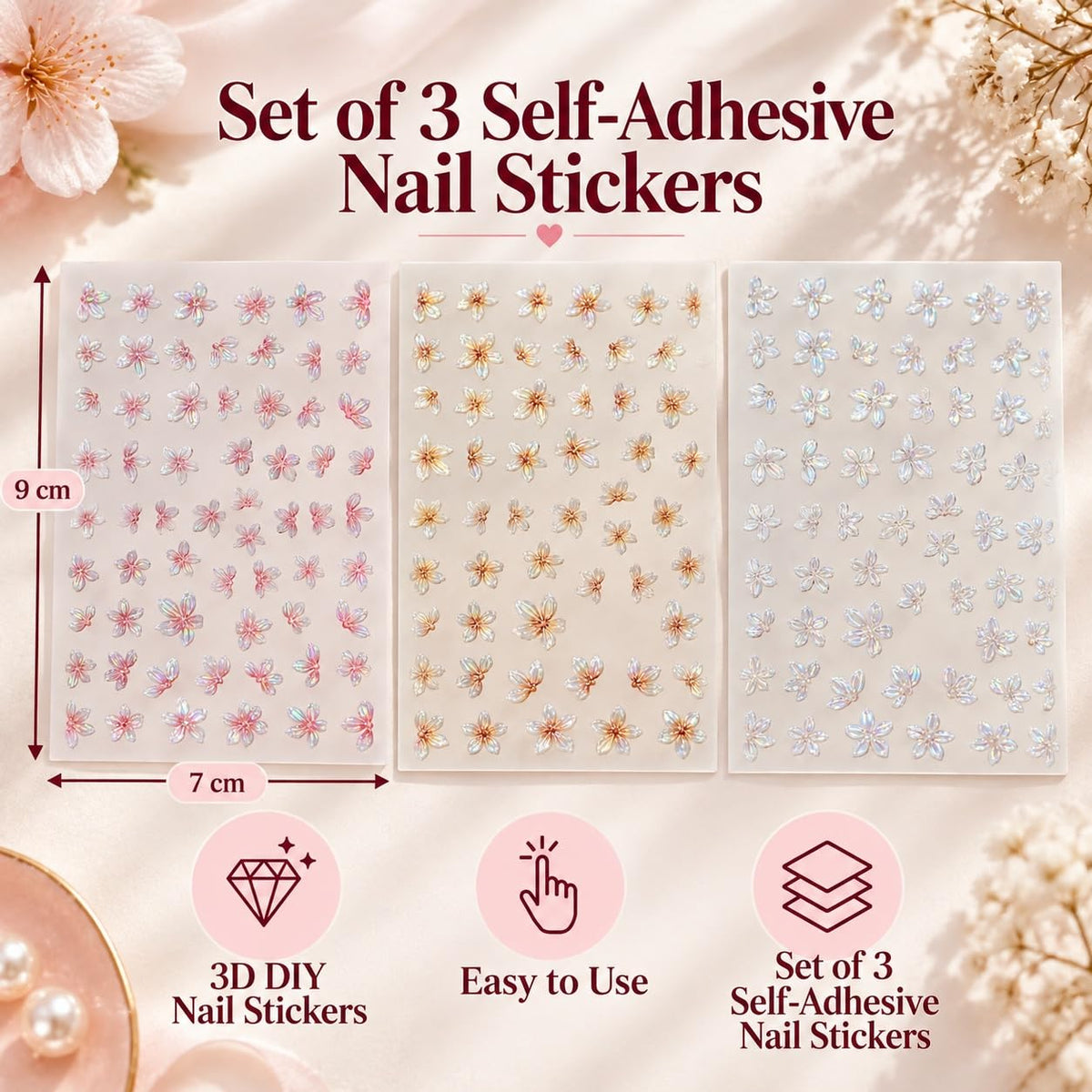 S.A.V.I 3D Nail Art Stickers Self Adhesive Floral Decals, Pack of 3 | Iridescent Pink & Pearl White, 7 x 9 cm, DIY Manicure, Women & Girls, Flower Embellishments
