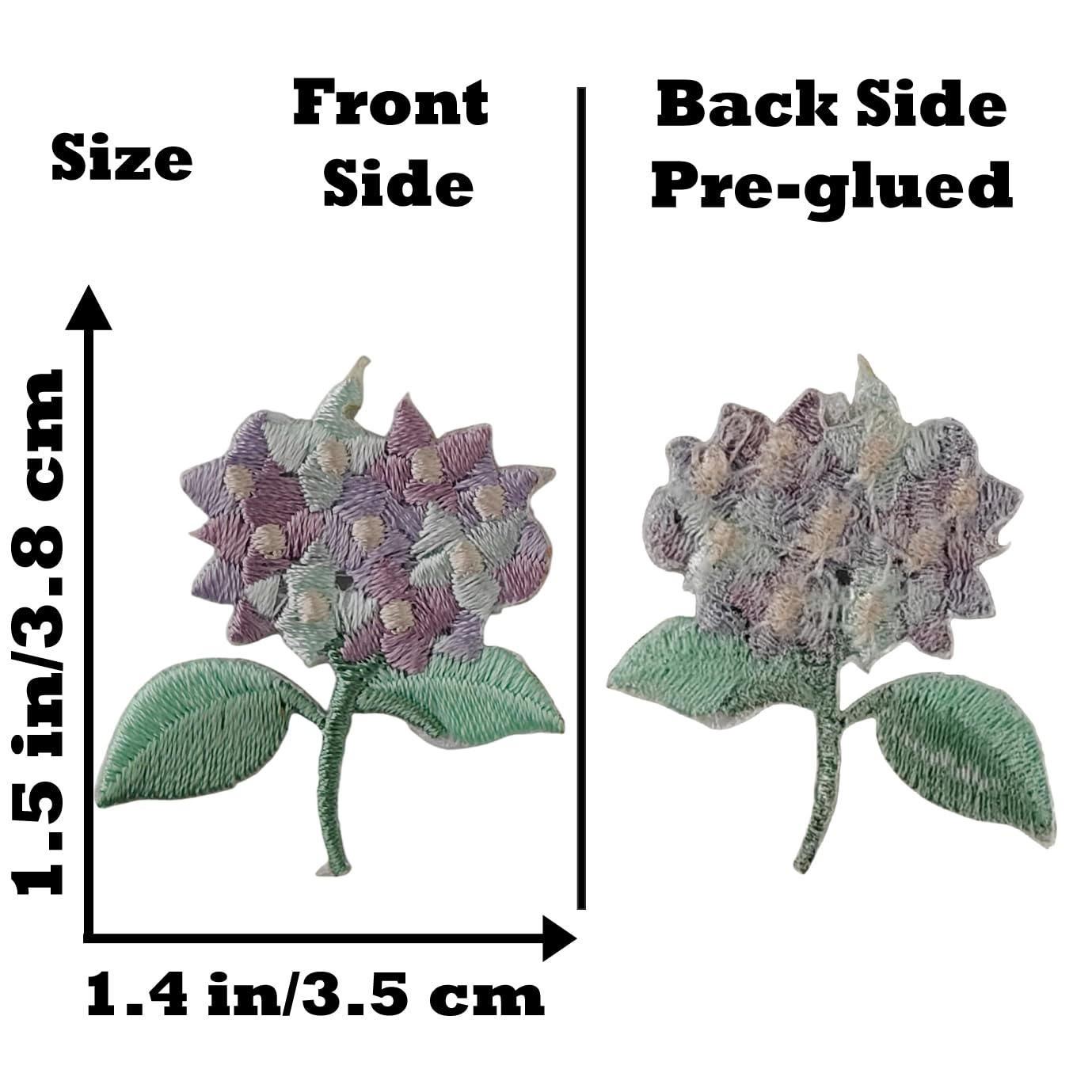 S.A.V.I 2 Pcs Purple & Green Hydrangea Floral Embroidered Iron-On Patches | Thread Fabric Appliqué | 3.8 x 3.5 cm | Decorative Patch for Clothes, Bags & DIY Craft