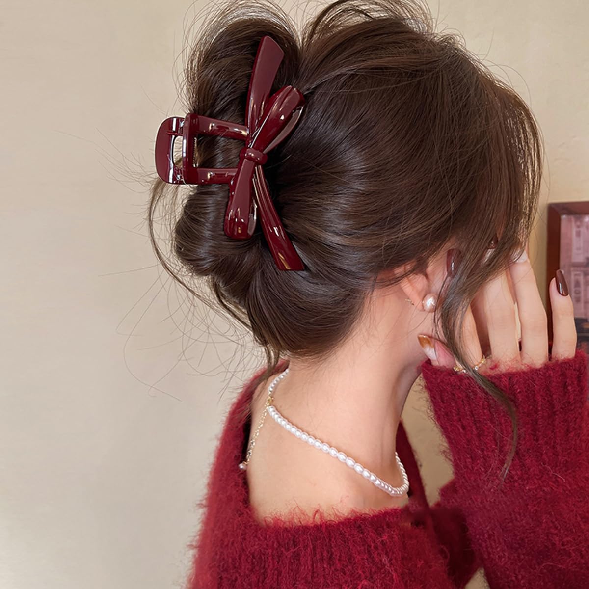 S.A.V.I Maroon Bow Hair Claw Clip 13 cm | Large Glossy Acrylic Clutcher for Women | Strong Hold Grip for Thick Hair | Stylish Everyday Party Hair Accessory