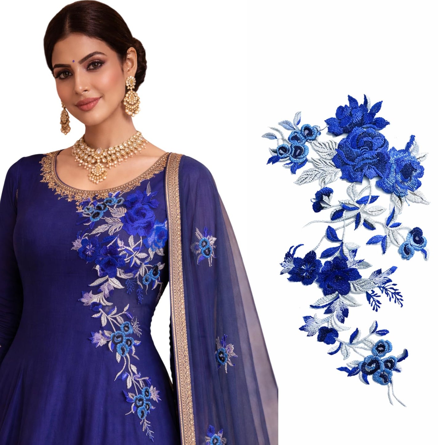 S.A.V.I Royal Blue Floral Lace Applique Patch 21 x 50 cm | Net Fabric Rose Design | Sew-On Embellishment for Saree, Gown, Lehenga & Blouse (Royal Blue)