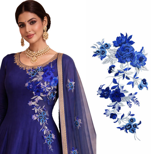S.A.V.I Royal Blue Floral Lace Applique Patch 21 x 50 cm | Net Fabric Rose Design | Sew-On Embellishment for Saree, Gown, Lehenga & Blouse (Royal Blue)