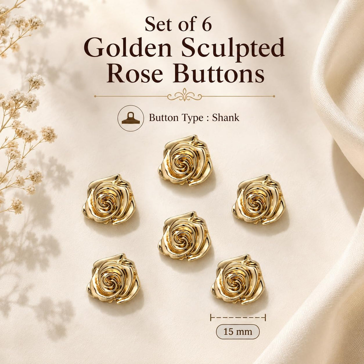 S.A.V.I Golden Rose Shank Buttons 15mm Metallic Finish Set of 6 | Sculpted Floral Design, for Kurti & Blouse, DIY Craft Use, Sewing Fasteners, Women's Wear