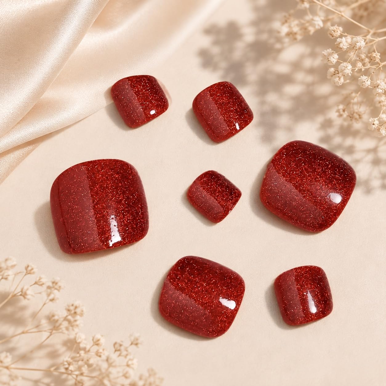 S.A.V.I Press on Toenails 24 Pcs Glittery Red Short Square Shape