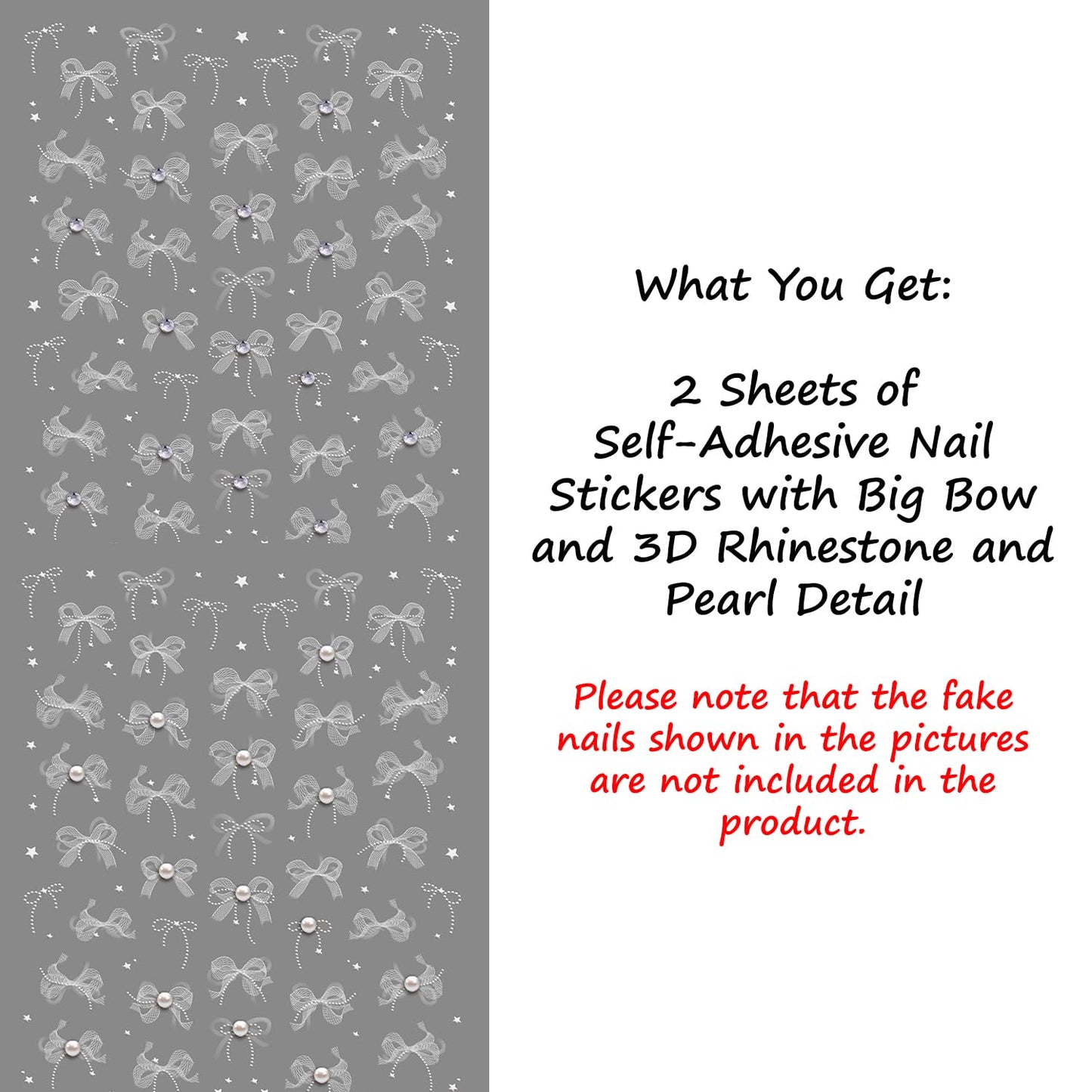 S.A.V.I 2 Sheets - 3D White Bow Nail Art Stickers with Pearl & Rhinestone | Self-Adhesive Lace Design | Transparent Sheet | Long-Lasting Nail Decoration for Women & Girls