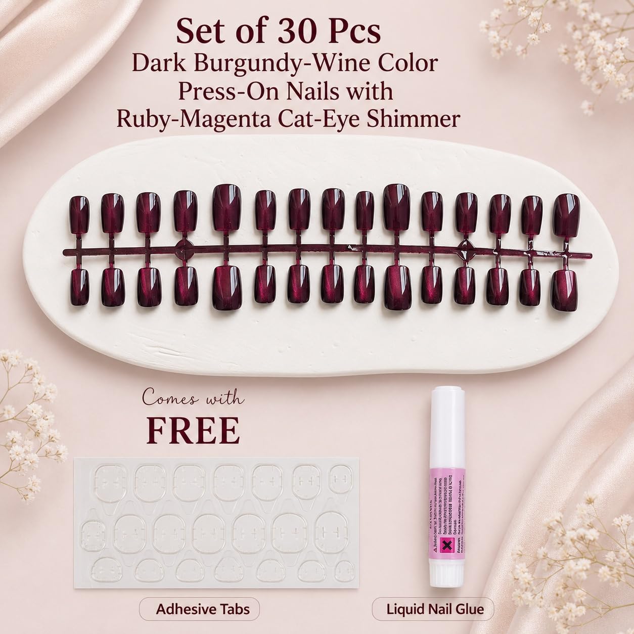 S.A.V.I Press on Nails Burgundy Cat Eye Shimmer Short Square 30 Pcs