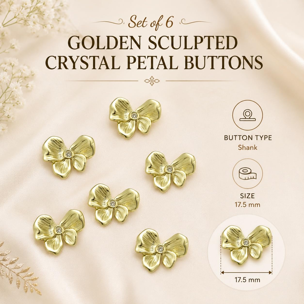 S.A.V.I Golden Flower Crystal Shank Buttons for Blouse 17.5mm | Set of 6, Gold Tone, For Saree Tops & Kurtis, DIY Sewing Crafts, Petal Design