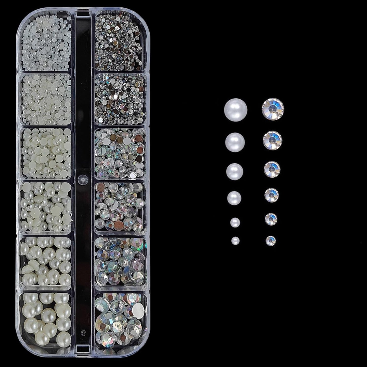 S.A.V.I DIY Nail Art Decoration Kit with White & Ivory Pearl AB Crystal Rhinestones, Flat Back Resin Gems, 6 Mixed Sizes, Gloss Finish, 12-Grid Storage Box for Salon & Home Use