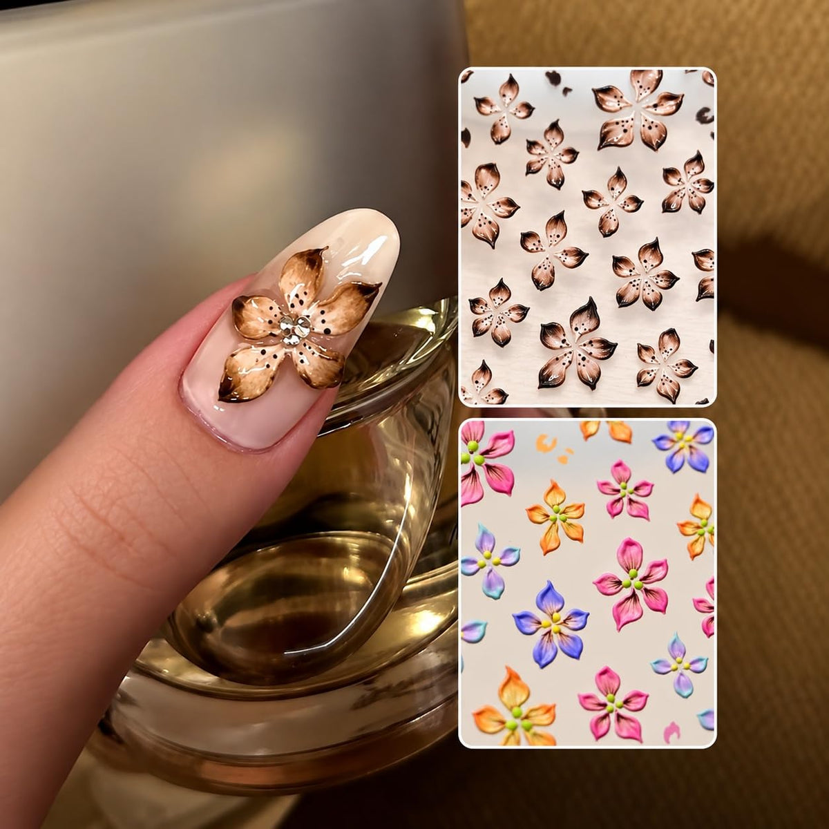 S.A.V.I 5D Floral Nail Art Stickers Self Adhesive Multicolour, 3 Sheets | Embossed Blossom Decals, 6 x 10 cm, Easy Peel & Stick, DIY Manicure, Salon or Home Use