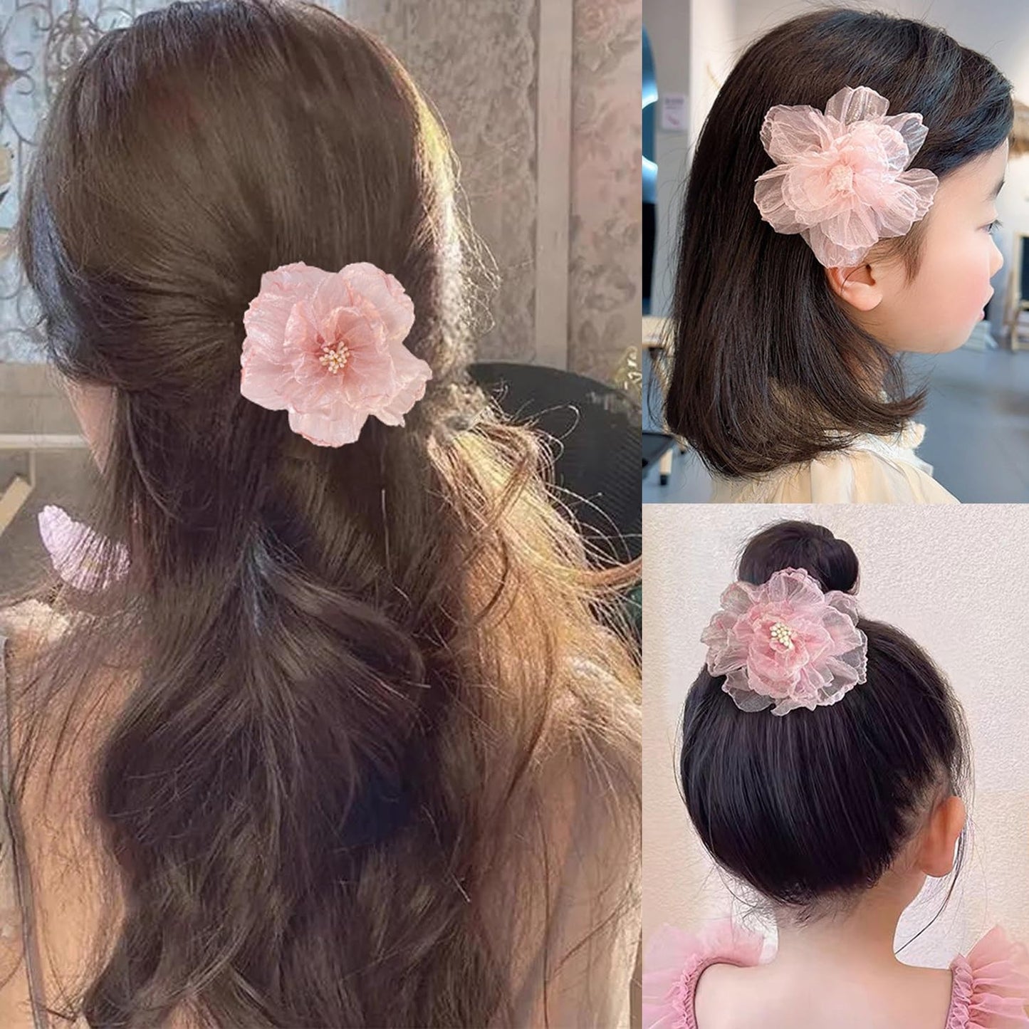 S.A.V.I Baby Pink Organza Flower Hair Clip for Girls & Women, 9 cm Large Floral Alligator Barrette, Soft Mesh Blossom Hair Accessory for Party, Wedding, Korean Style Hairstyles