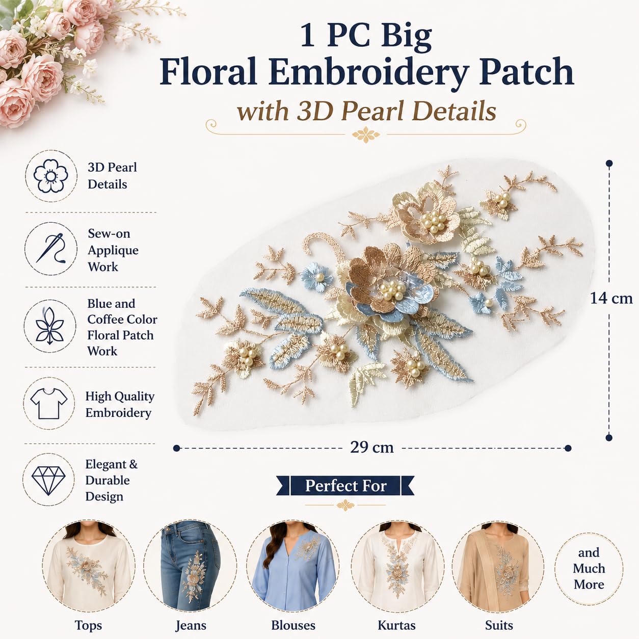 S.A.V.I Floral Embroidery Patch, Sew-On Applique 3D Pearl (Blue Coffee)|Blue & Coffee Mesh Lace Motif, 29 x 14 cm, Decorative Embellishment for Kurtas, Sarees, Blouses, Jeans & DIY Craft Repair