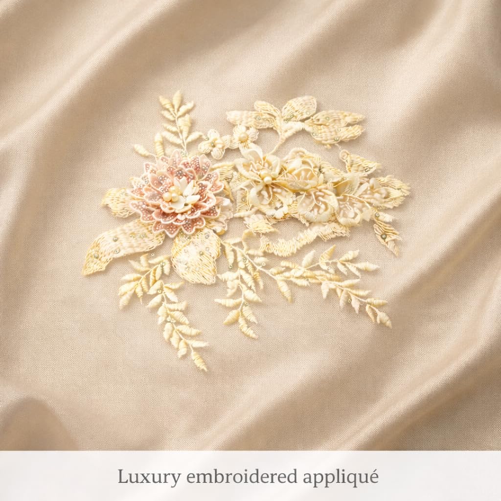 S.A.V.I Ivory Gold Floral Embroidered Appliqué Patch 20 x 25 cm, 3D Flower Net Lace Sew-On for Saree, Lehenga, Blouse, Gown & Anarkali Dress (Yellow)