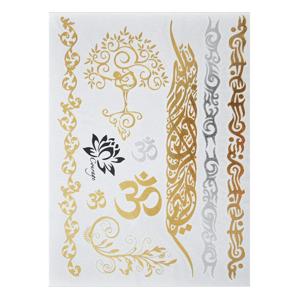 S.A.V.I 3D Temporary Tattoo Golden and Silver Metallic Sticker With God Om Letter Tree Design Size 21x15cm - 1pc. (20), Gold, 2 g