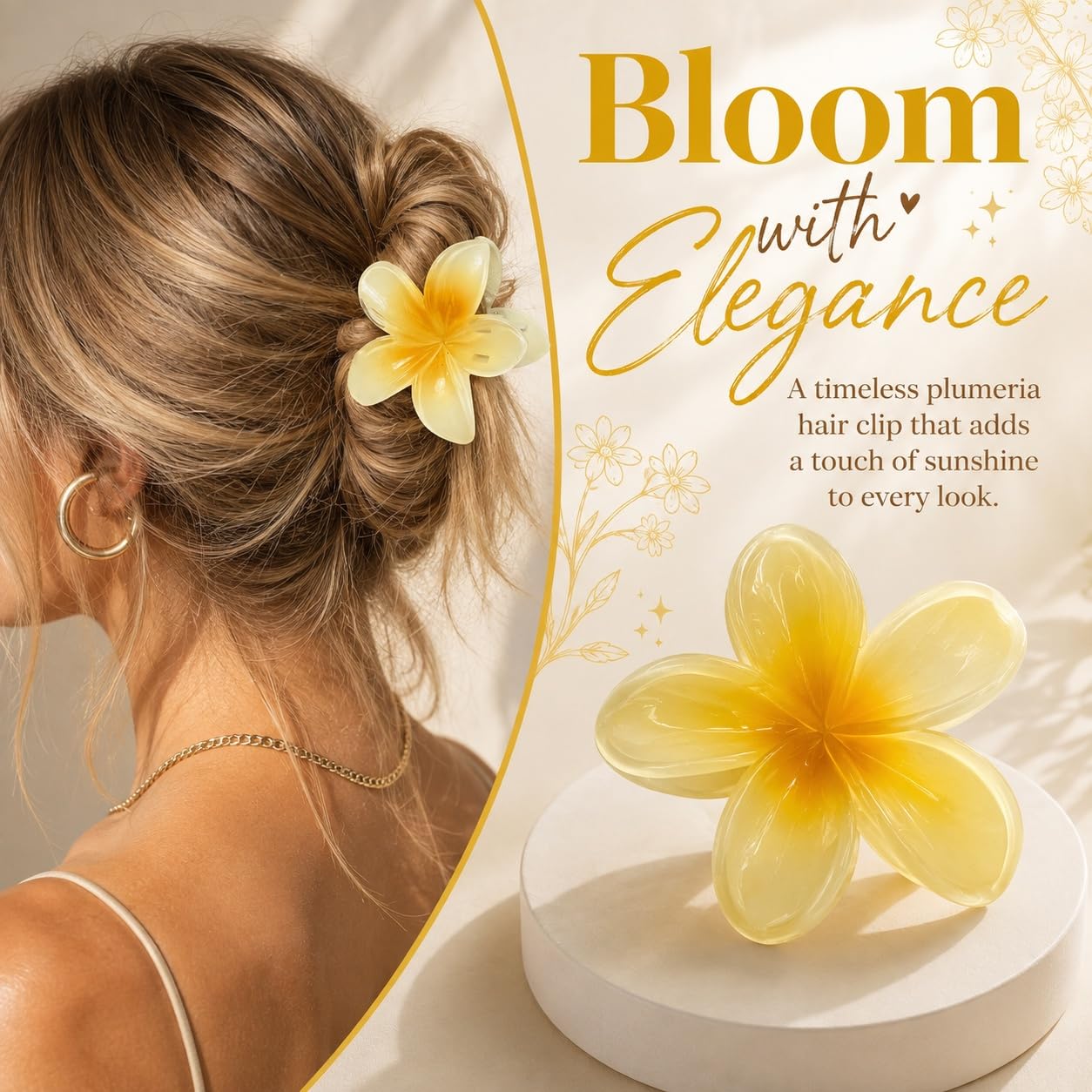 S.A.V.I Yellow Plumeria Resin Flower Hair Claw Clip for Women 8cm | Strong Grip, Lightweight, Thick & Thin Hair, Parties & Weddings, Holiday Accessory
